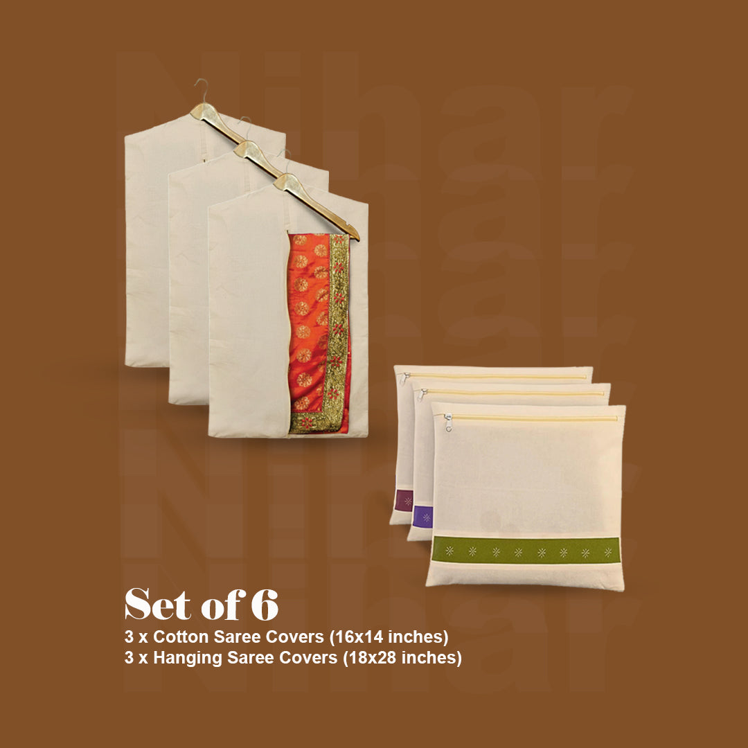 Cotton Saree Covers Combo | Set Of 6 | 3 Cotton Saree Covers + 3 Hanging Saree Covers