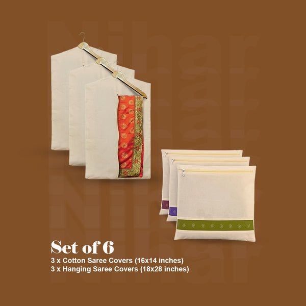 Cotton Saree Covers Combo | Set Of 6 | 3 Cotton Saree Covers + 3 Hanging Saree Covers