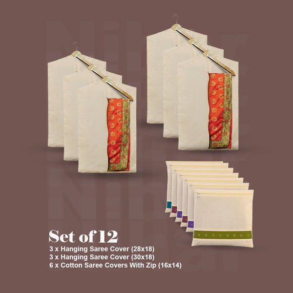 Cotton Saree Covers Combo | Set Of 12 | 6 Cotton Saree Covers + 6 Hanging Saree Covers