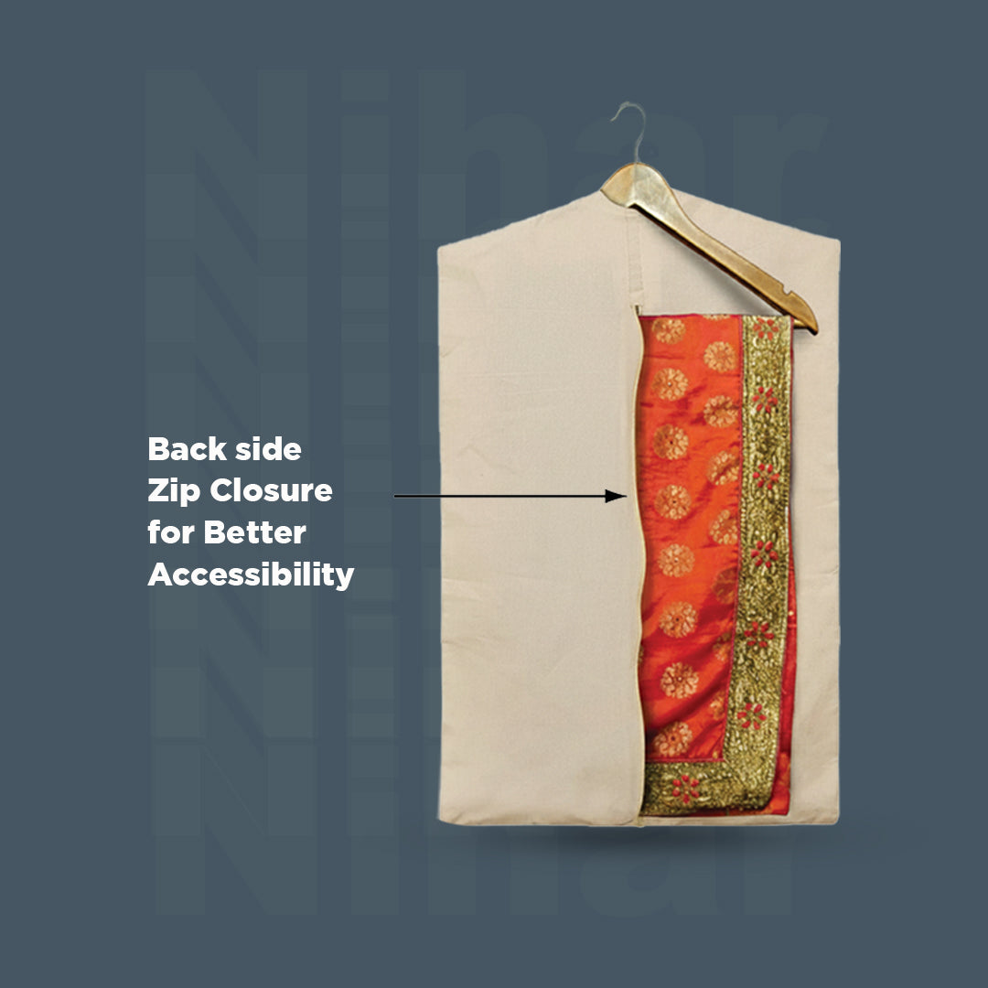 Hanging Saree Cover – Set of 3 | Zip Closure | Transparent Window | Beige