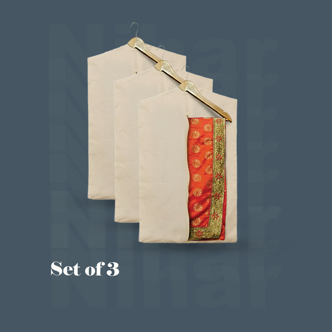 Hanging Saree Cover – Set of 3 | Zip Closure | Transparent Window | Beige