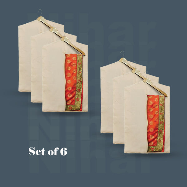 Hanging Saree Cover – Set of 6 | Zip Closure | Transparent Window | Beige