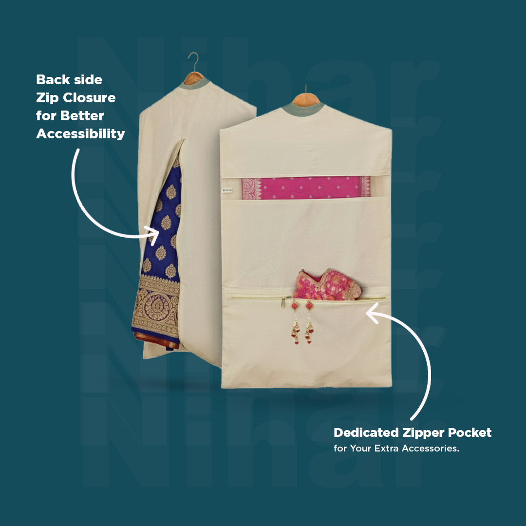 Hanging Saree Organizer – Set of 3 | 30×18 Inches | Cotton Fabric | Zip Closure | Dual Pockets | Off White