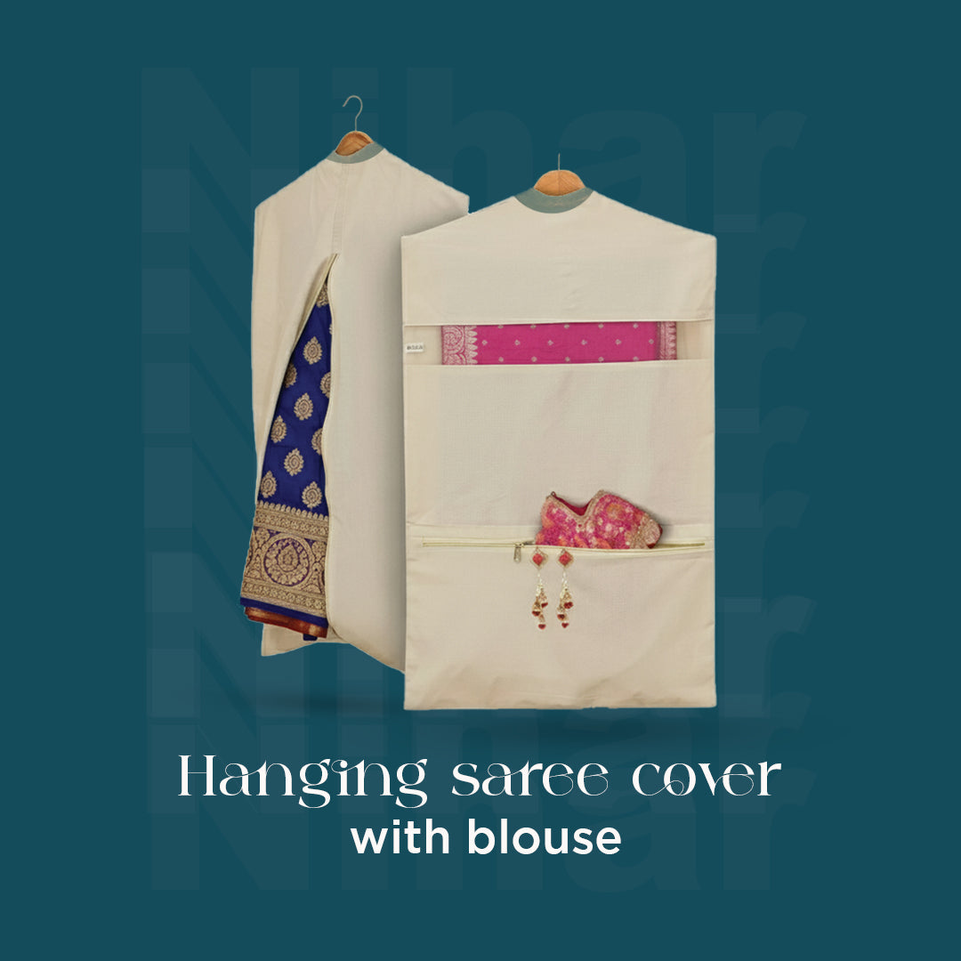 Hanging Saree Organizer – Set of 3 | 30×18 Inches | Cotton Fabric | Zip Closure | Dual Pockets | Off White