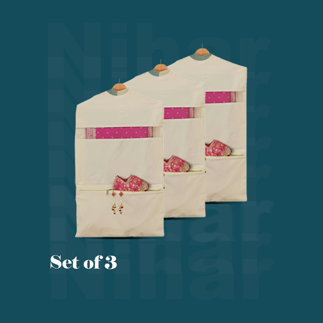 Hanging Saree Organizer – Set of 3 | 30×18 Inches | Cotton Fabric | Zip Closure | Dual Pockets | Off White