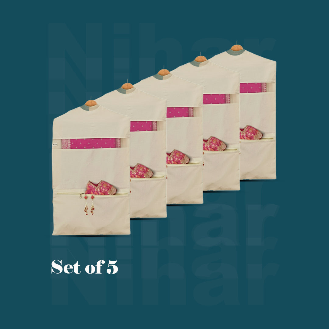 Hanging Saree Organizer – Set of 5 | 30×18 Inches | Cotton Fabric | Zip Closure | Dual Pockets | Off White