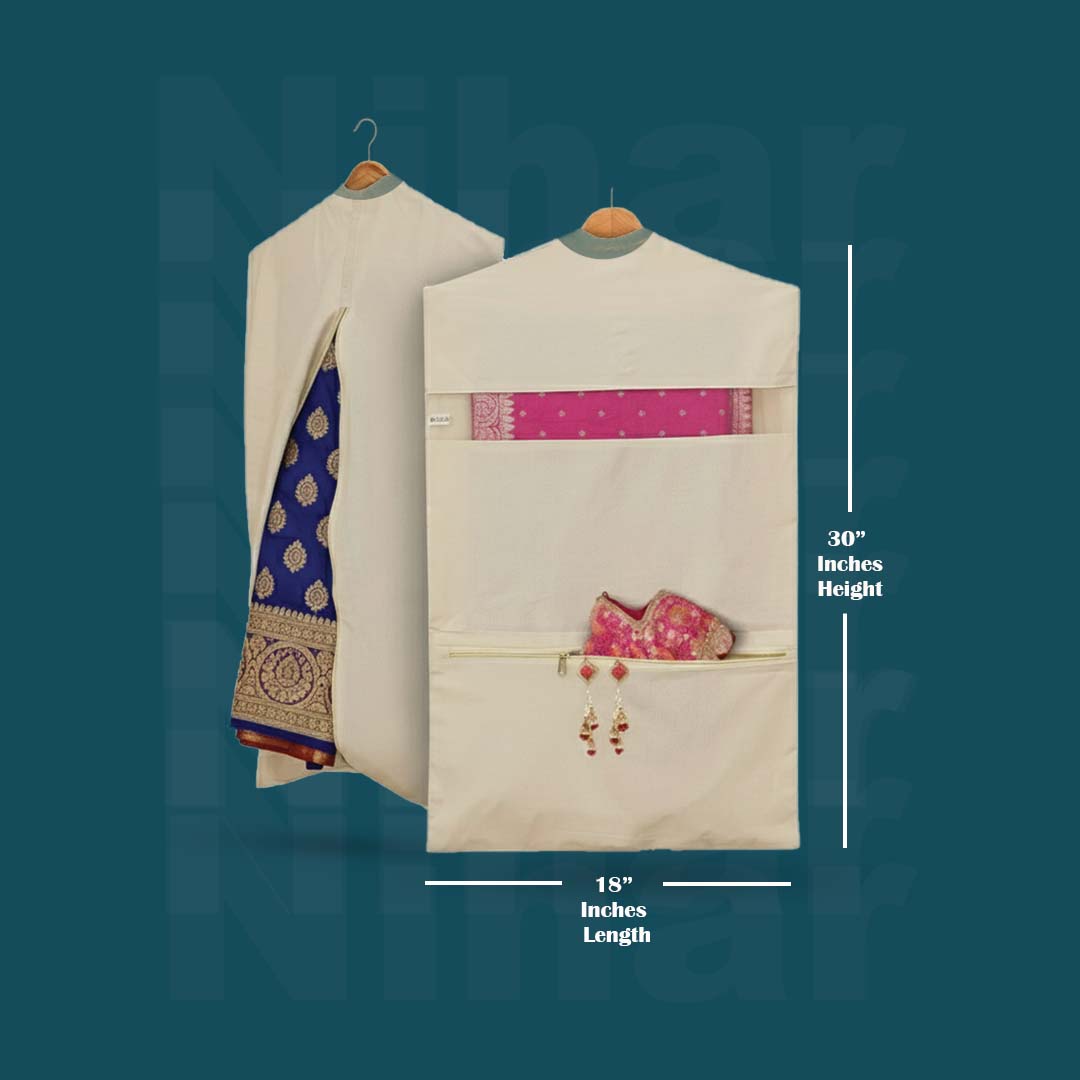 Hanging Saree Organizer – Set of 3 | 30×18 Inches | Cotton Fabric | Zip Closure | Dual Pockets | Off White