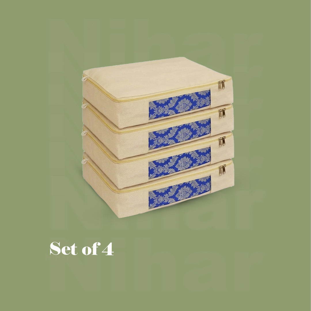 Lehenga Storage Box – Set of 4 | 16×13×3 Inches | Zip Closure | Transparent Window | Beige