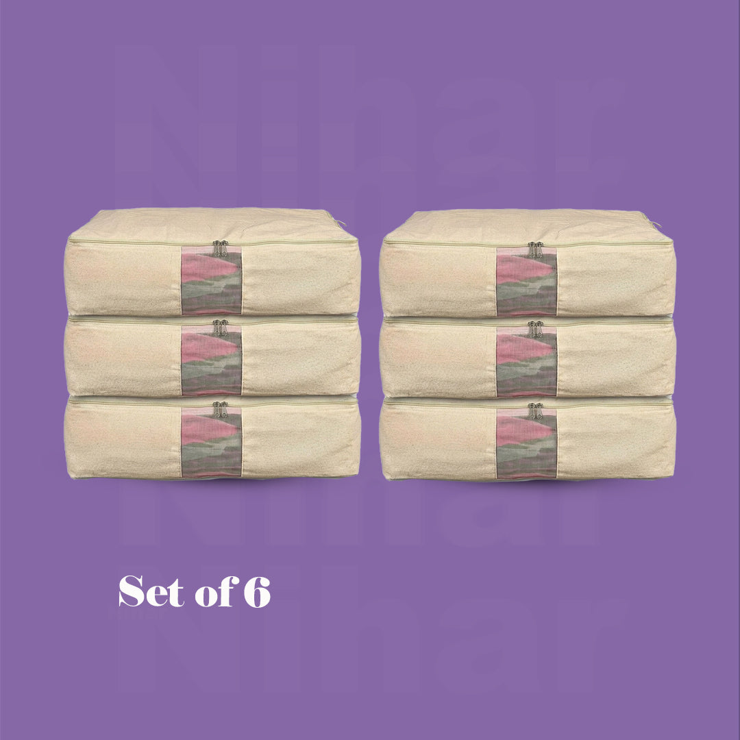 Lehenga Storage Box – Set of 6 | 18×16×4.5 Inches | Zip Closure | Transparent Window | Beige