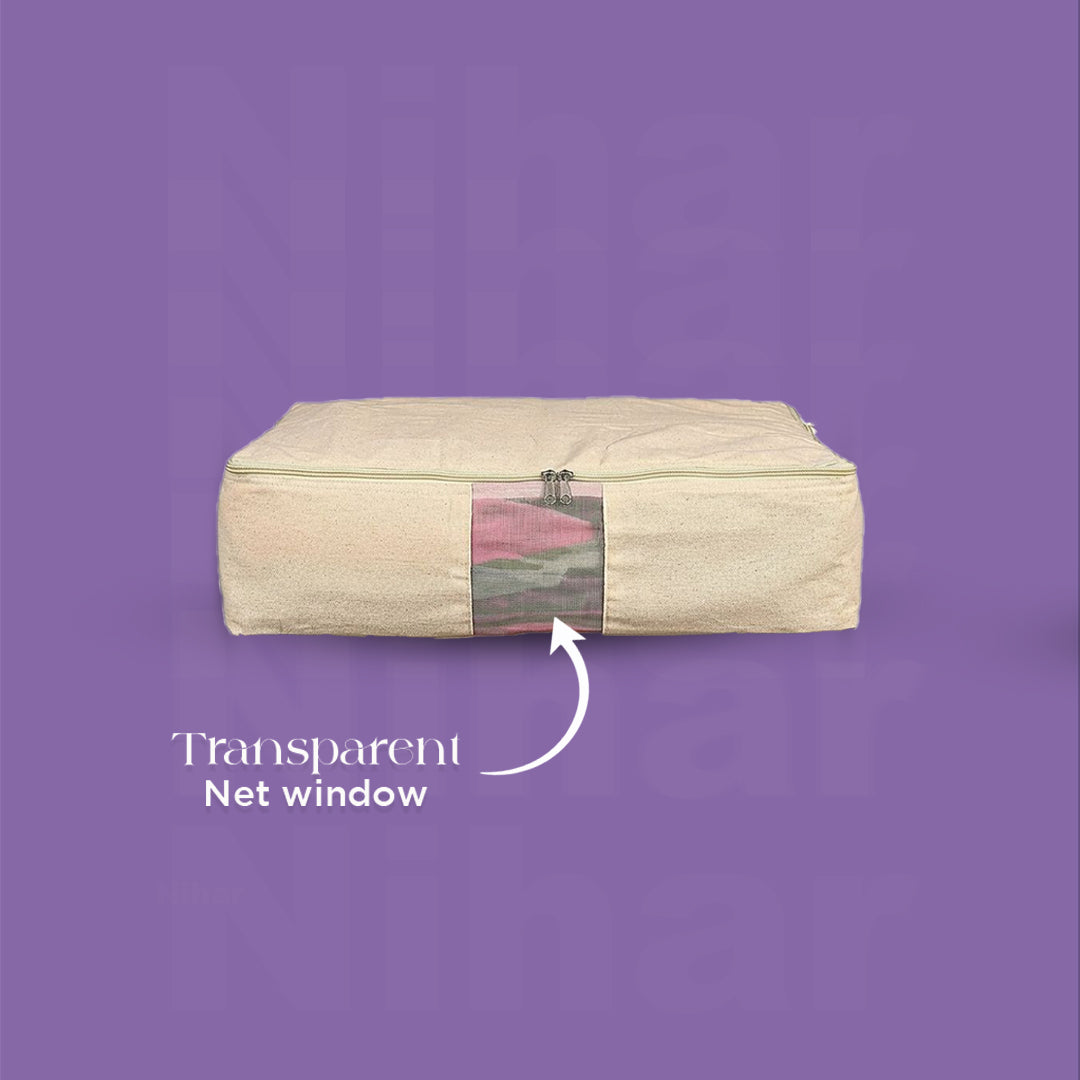 Lehenga Storage Box – Set of 3 | 18×16×4.5 Inches | Zip Closure | Transparent Window | Beige