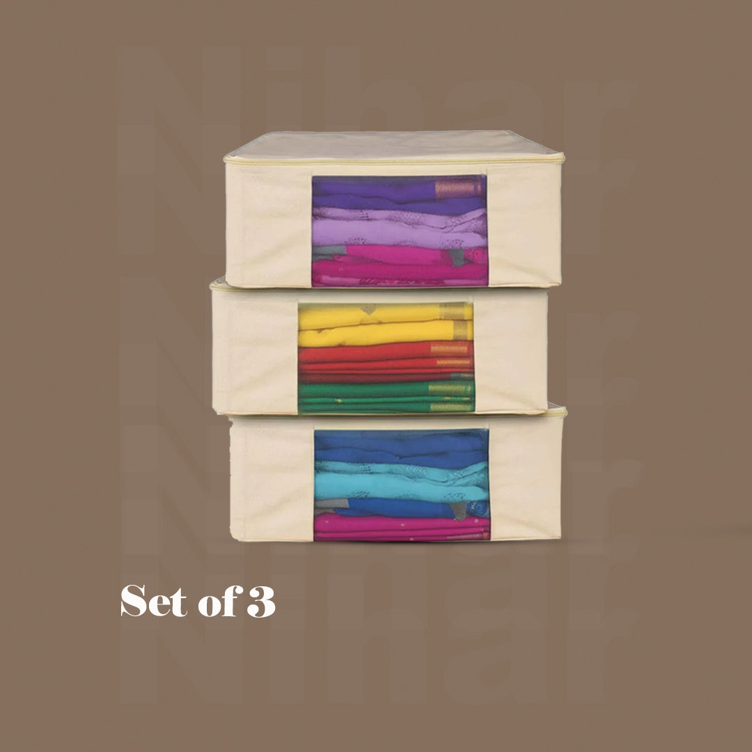 Lehenga Storage Box – Set of 3 | 18×16×4.5 Inches | Zip Closure | Transparent Window | Beige