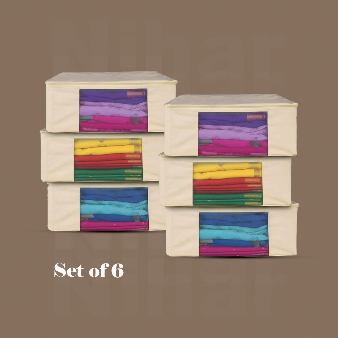 Lehenga Storage Box – Set of 6 | 18×16×4.5 Inches | Zip Closure | Transparent Window | Beige