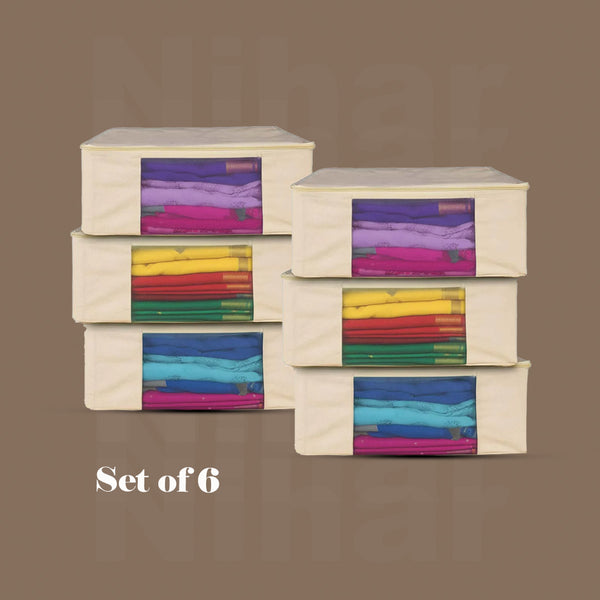 Lehenga Storage Box – Set of 6 | 17×14×7 Inches | Zip Closure | Transparent Window | Beige