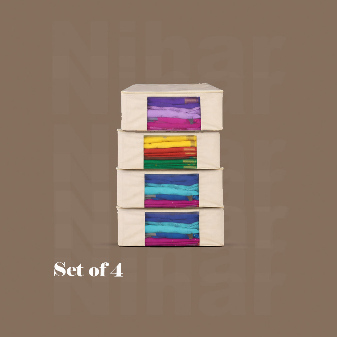 Lehenga Storage Box – Set of 4 | 16×13×3 Inches | Zip Closure | Transparent Window | Beige