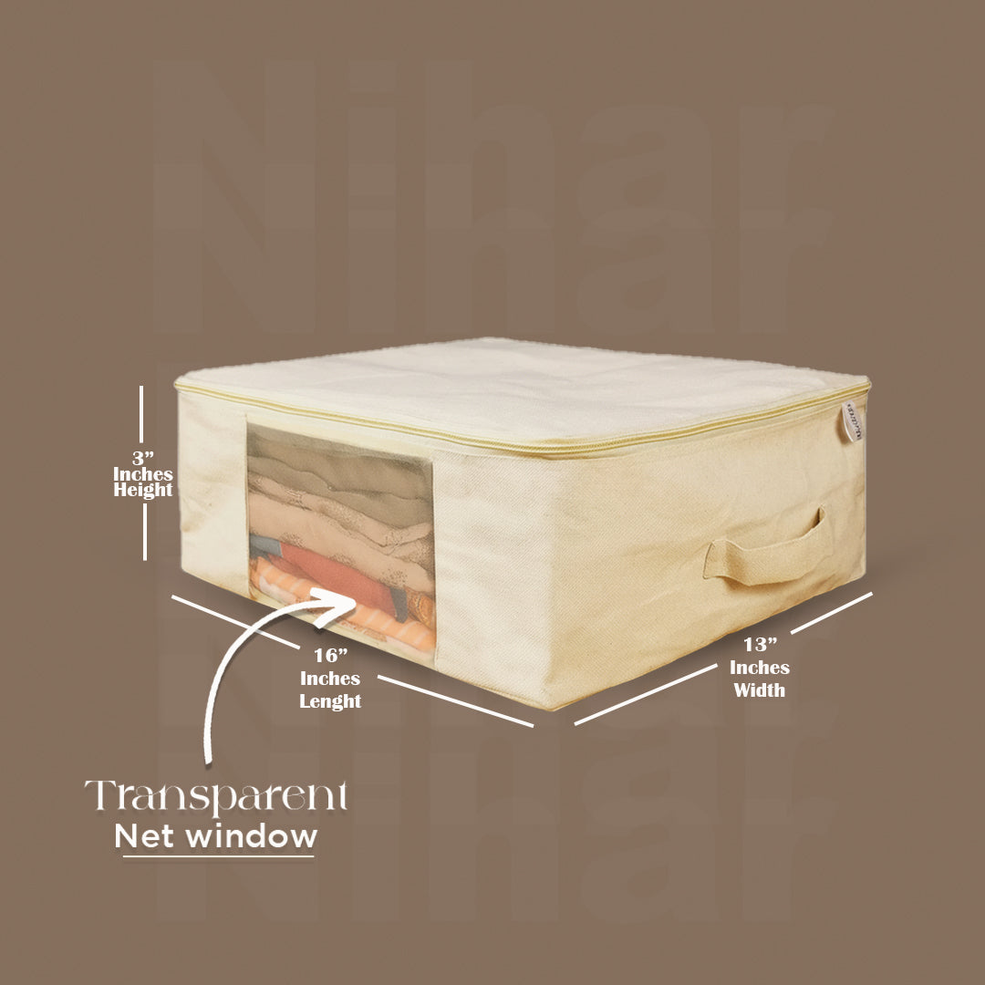 Lehenga Storage Box – Set of 4 | 16×13×3 Inches | Zip Closure | Transparent Window | Beige