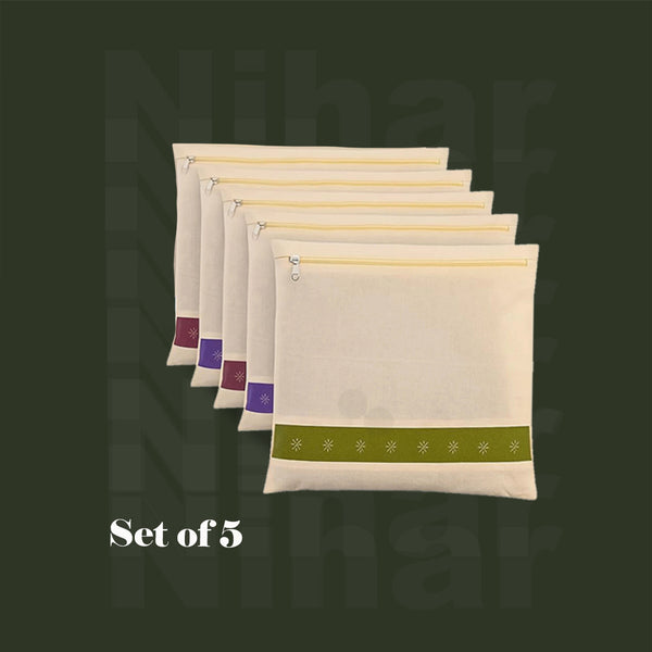 Cotton Saree Storage Bag – Set of 5 | 18×15 Inches | Zip Closure | Transparent Window | Beige