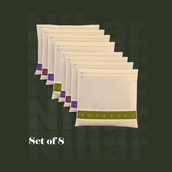 Cotton Saree Storage Bag – Set of 8 | 16×14 Inches | Zip Closure | Transparent Window | Beige