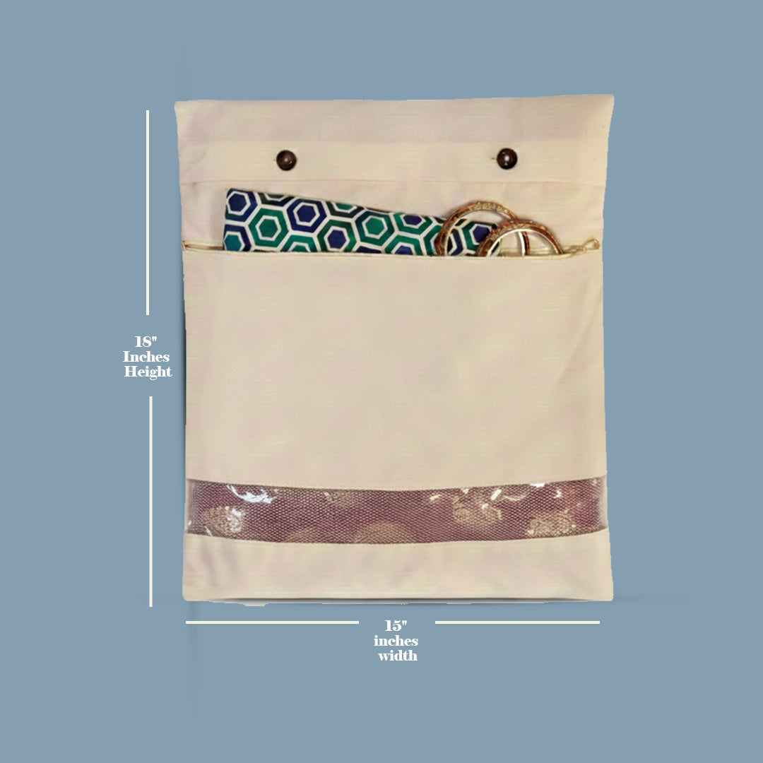 Cotton Saree Storage Cover – Set of 8 | Transparent Window | Extra Blouse Pocket | No Zip | Beige