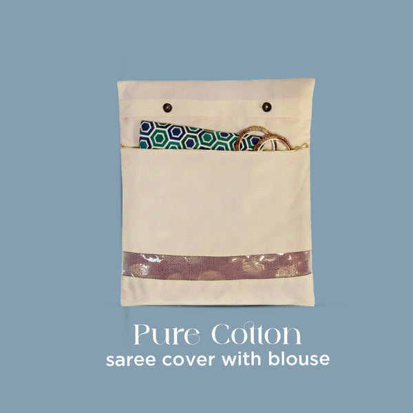 Cotton Saree Storage Cover – Set of 8 | Transparent Window | Extra Blouse Pocket | No Zip | Beige