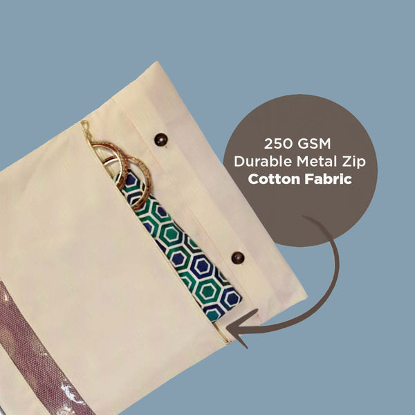 Cotton Saree Storage Cover – Set of 8 | Transparent Window | Extra Blouse Pocket | No Zip | Beige